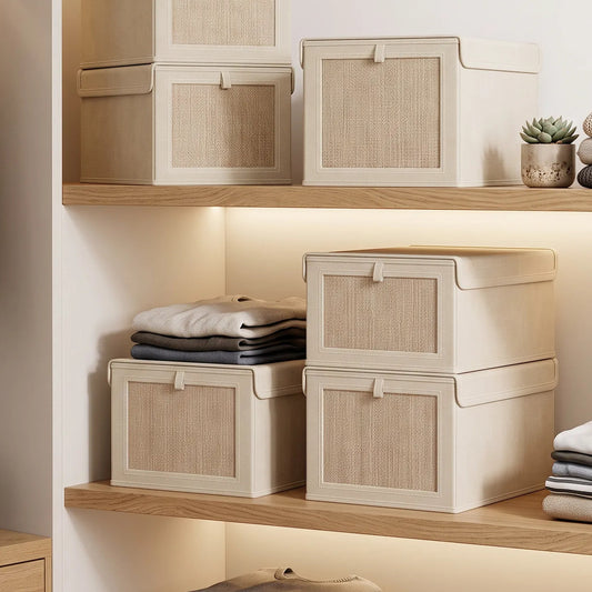 Lidded cream storage boxes arranged on wardrobe shelves