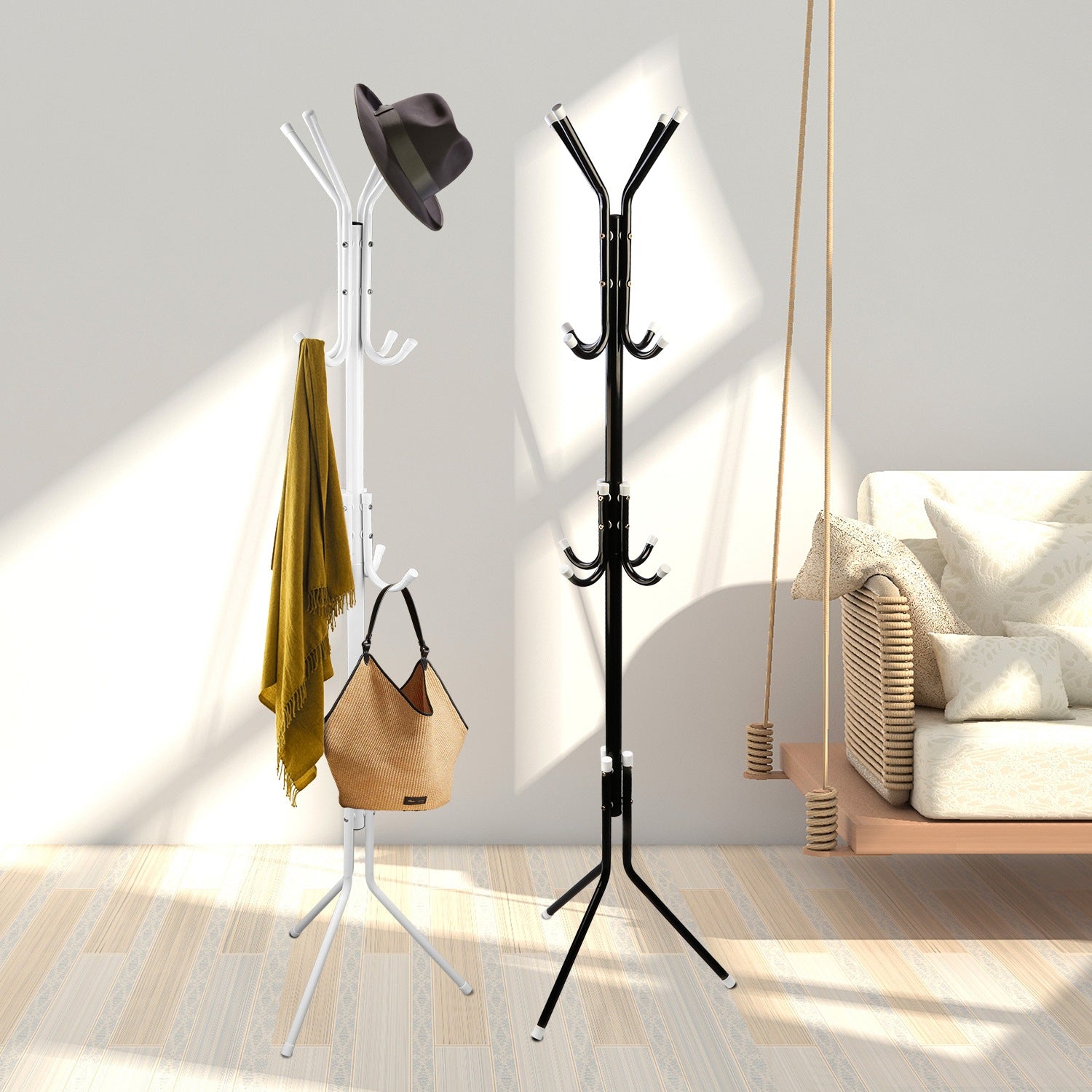 Freestanding Coat and Hat Rack with 8 Hooks view 3 for entryway organization and shoe storage
