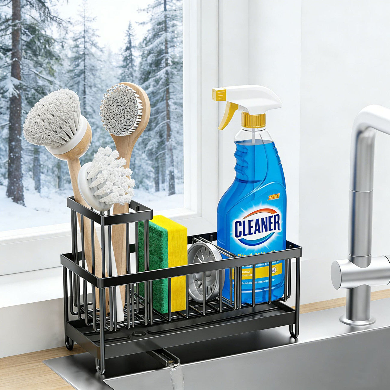 Kitchen Sink Caddy and Sponge Holder with Swivel Drain Spout for bathroom organization and vanity storage