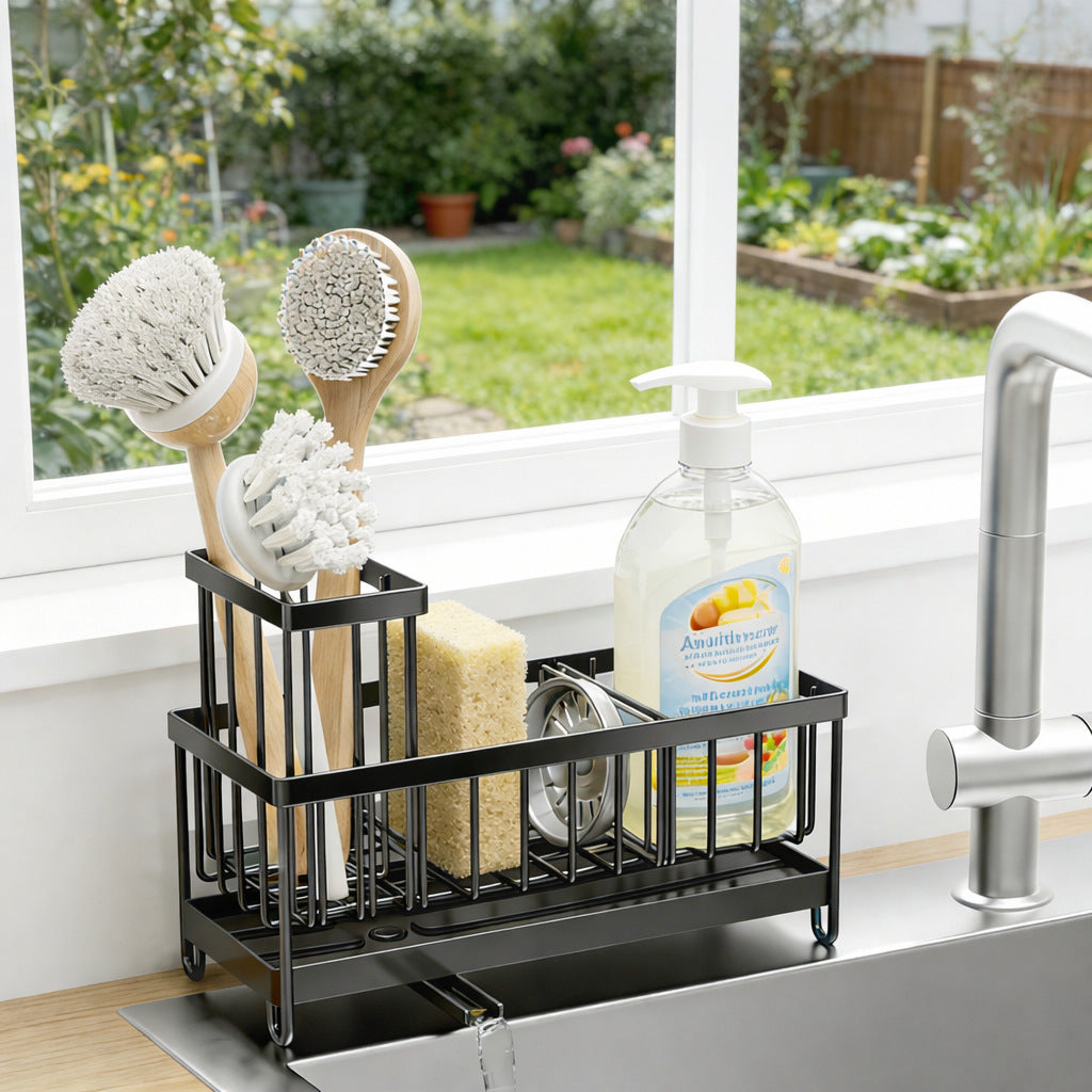 Kitchen Sink Caddy and Sponge Holder with Swivel Drain Spout view 3 for bathroom organization and vanity storage