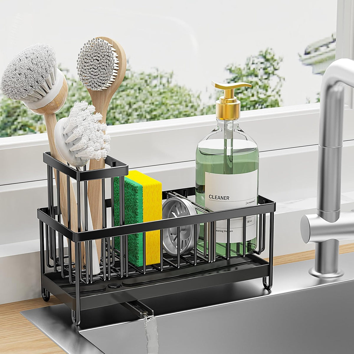 Kitchen Sink Caddy and Sponge Holder with Swivel Drain Spout view 4 for bathroom organization and vanity storage