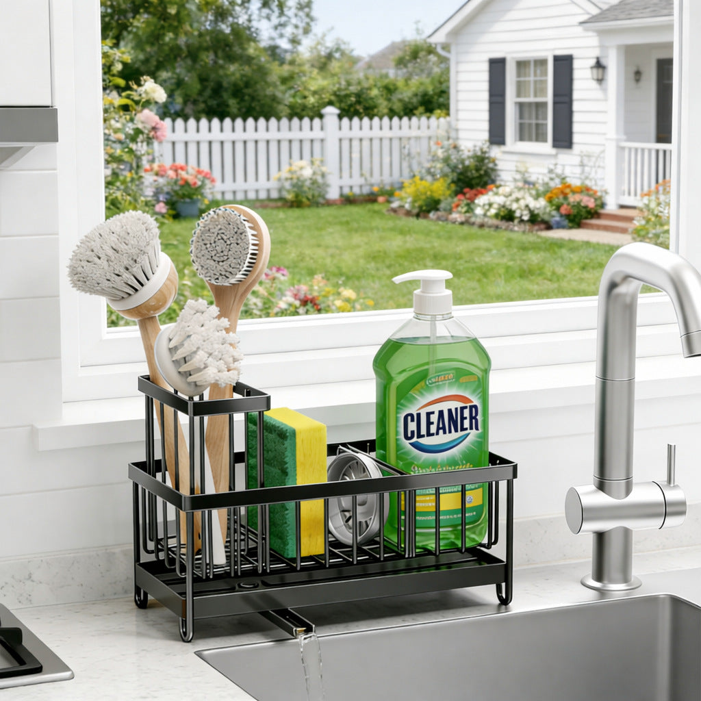 Kitchen Sink Caddy and Sponge Holder with Swivel Drain Spout view 7 for bathroom organization and vanity storage
