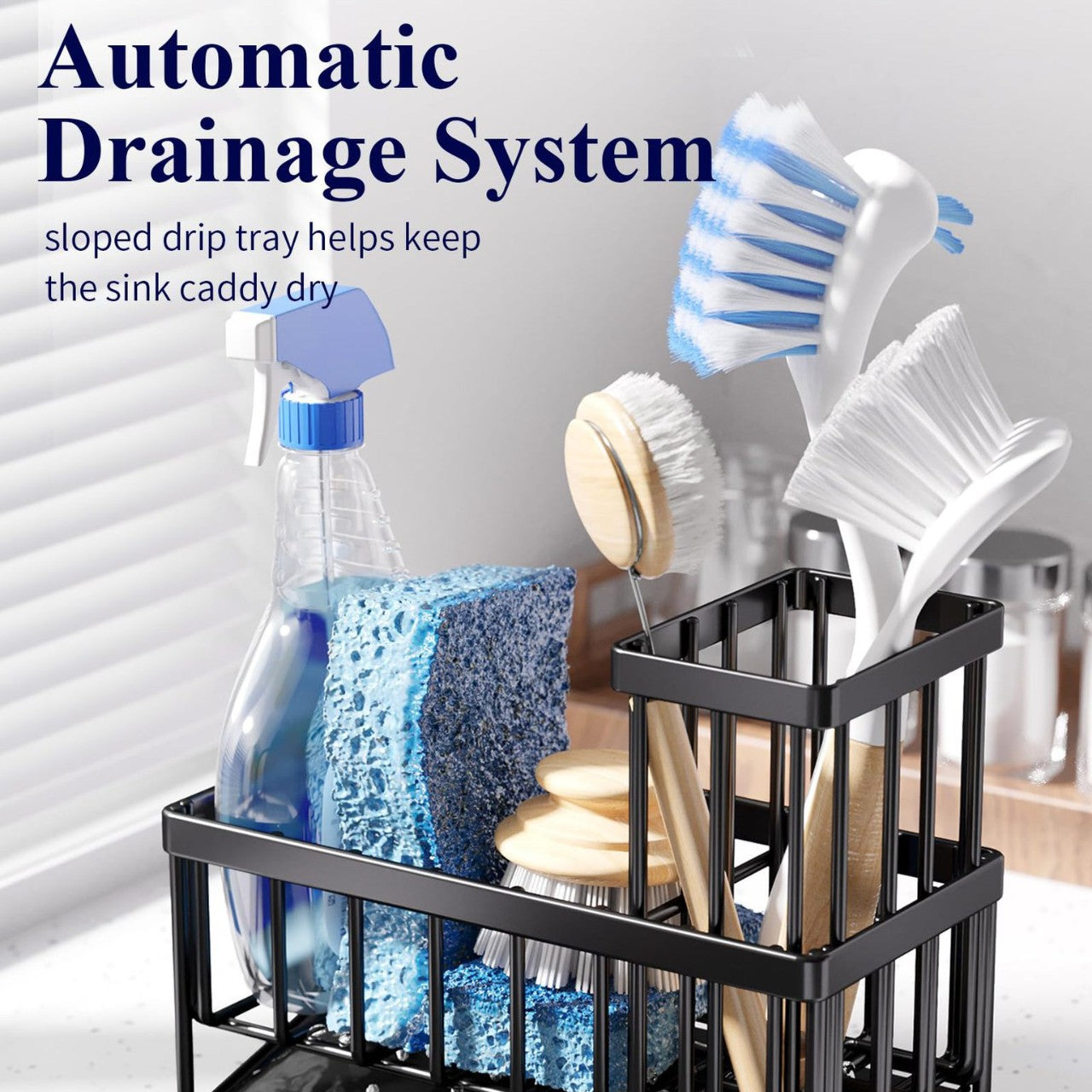 Kitchen Sink Caddy and Sponge Holder with Swivel Drain Spout view 9 for bathroom organization and vanity storage