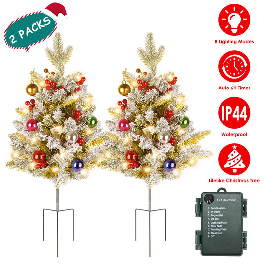 Pair of decorated lighted tree urn fillers with battery feature icons