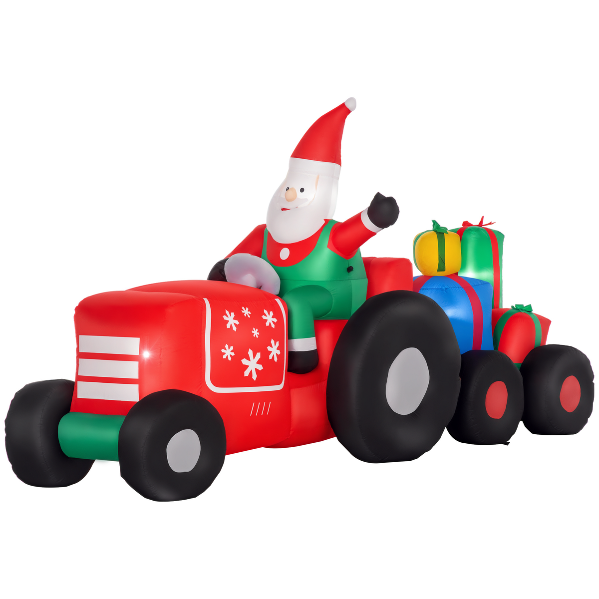 Full Santa tractor and trailer inflatable on white