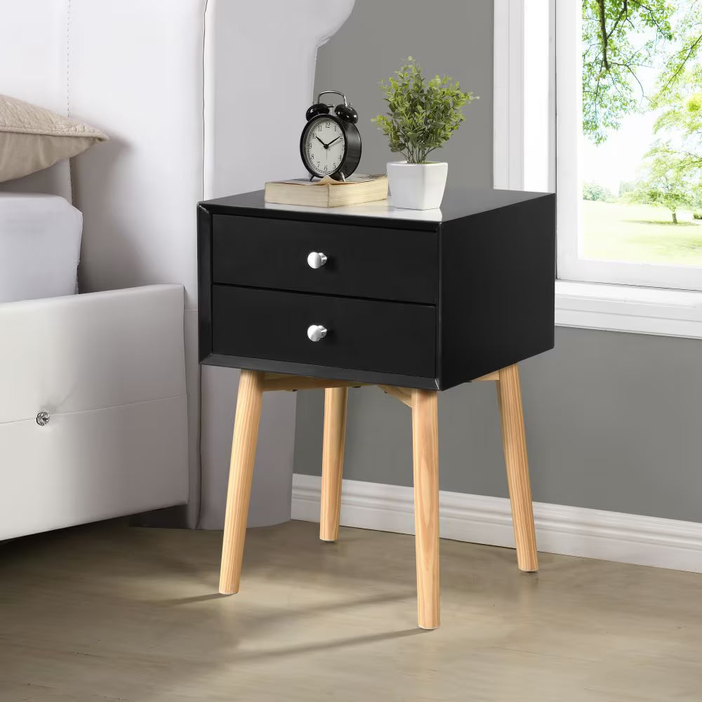 Mid-Century Nightstand with 2 Drawers and Wood Legs for closet and bedroom storage