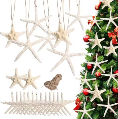White starfish ornaments with hanging cord in a seasonal arrangement