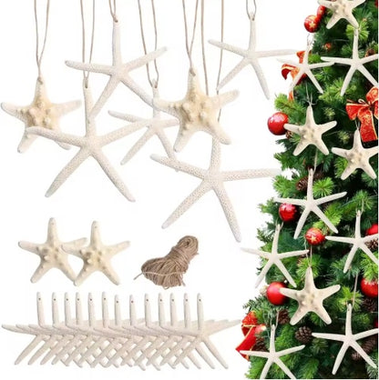 White starfish ornaments with hanging cord in a seasonal arrangement