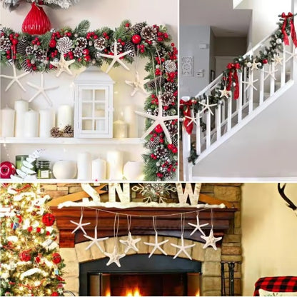 Starfish hanging decorations on mantel and stair displays