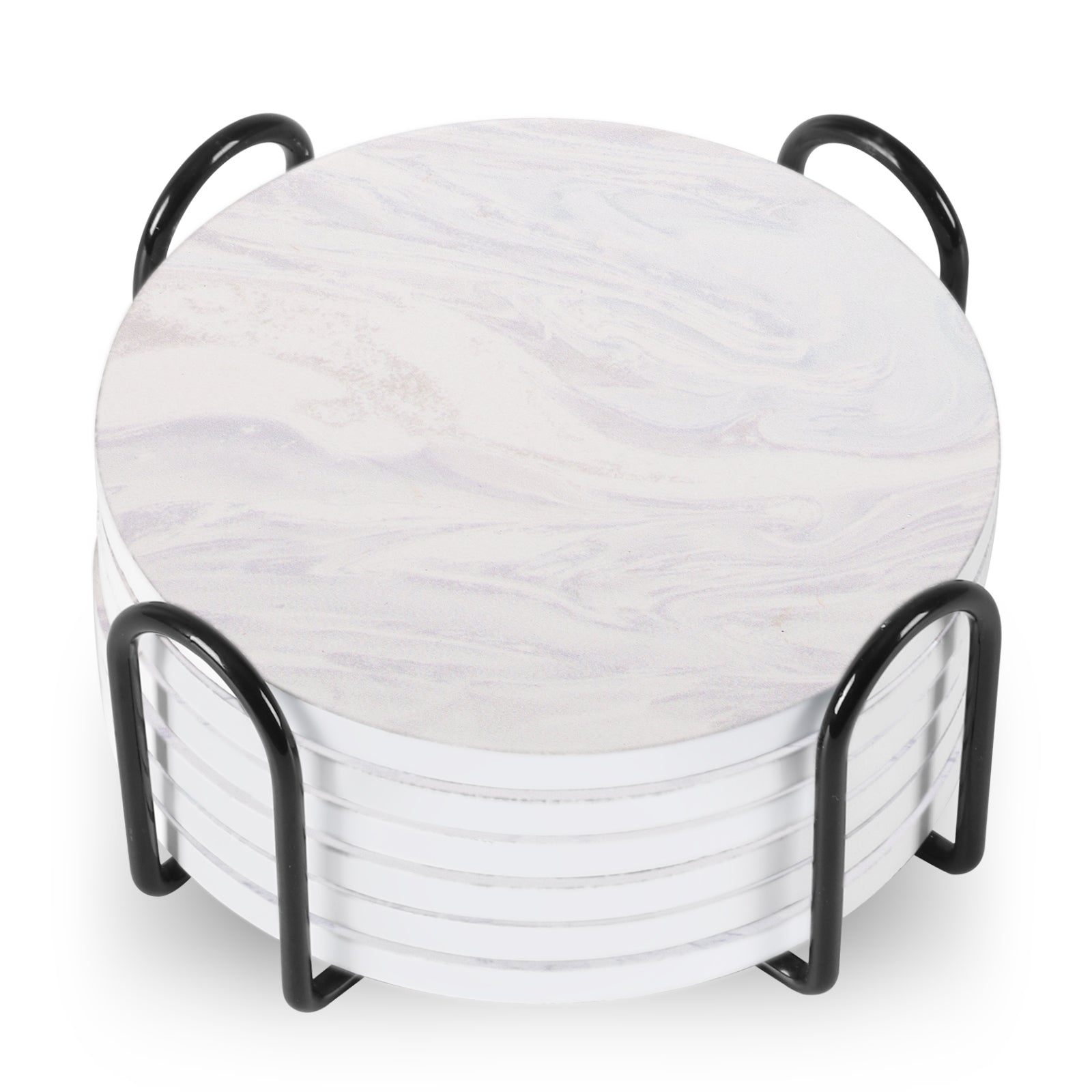 Set of 6 Ceramic Marble Coasters With Metal Stand for kitchen organization and cabinet storage