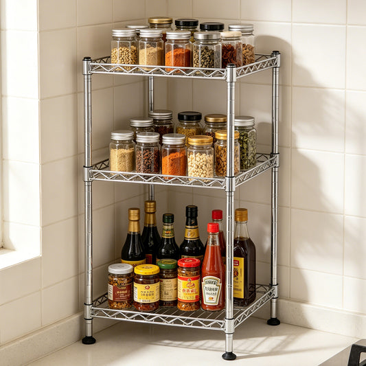Three-tier wire rack holding pantry jars