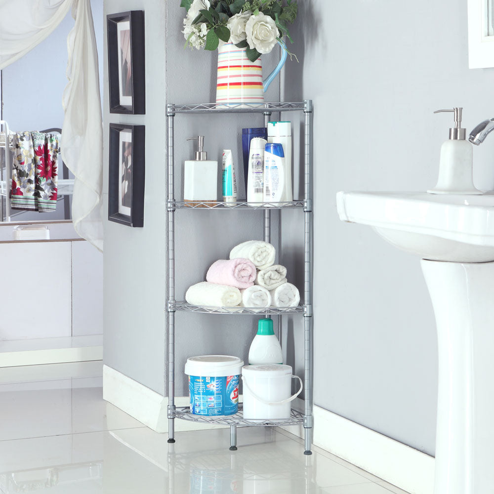 Corner rack holding bathroom supplies