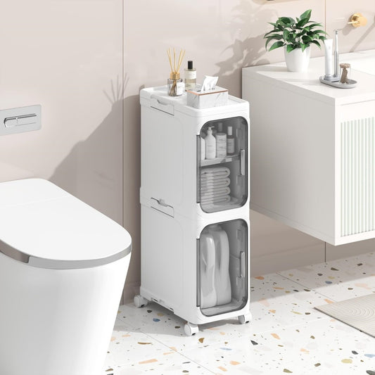 Slim two-door cabinet beside a bathroom vanity