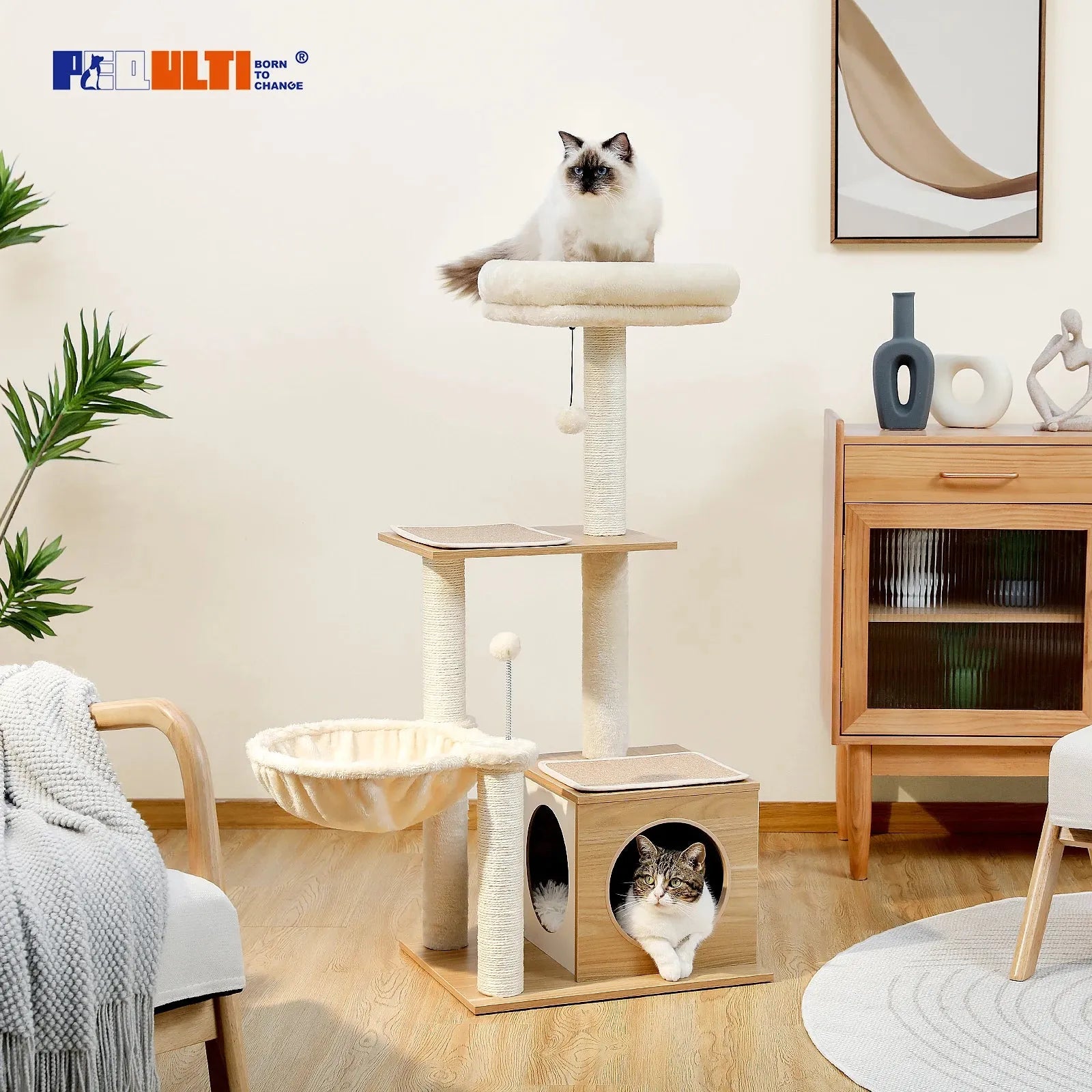 Modern Cat Tree Indoor - Multi-Level Wood Cat Tower-SROYAS 