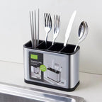 Stainless Steel Utensil Holder with 4 Compartments and Drain Base for bathroom organization and vanity storage