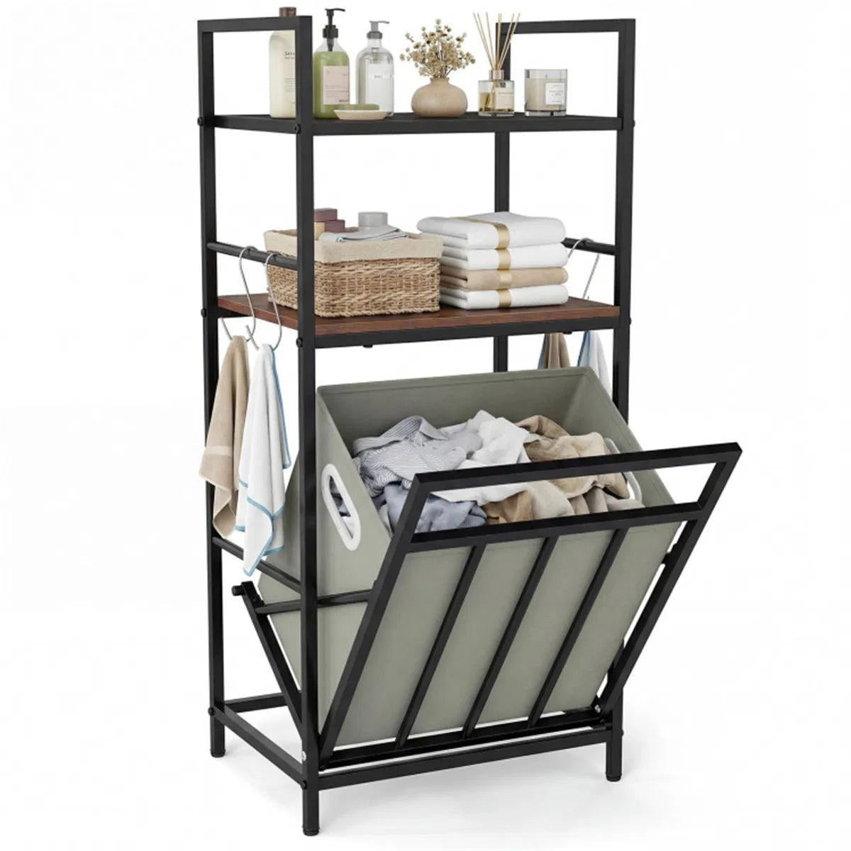 Tilt-out laundry hamper with two shelves and side hooks