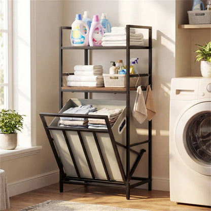 Hamper and laundry shelves beside a washing machine