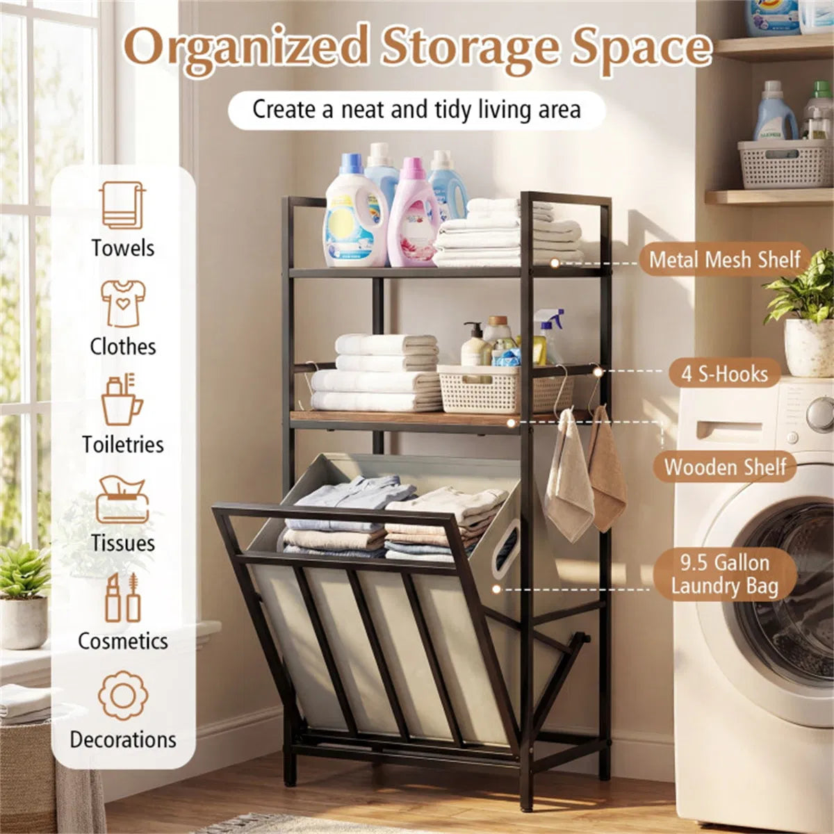 Shelf, S-hook and laundry-bag layout graphic
