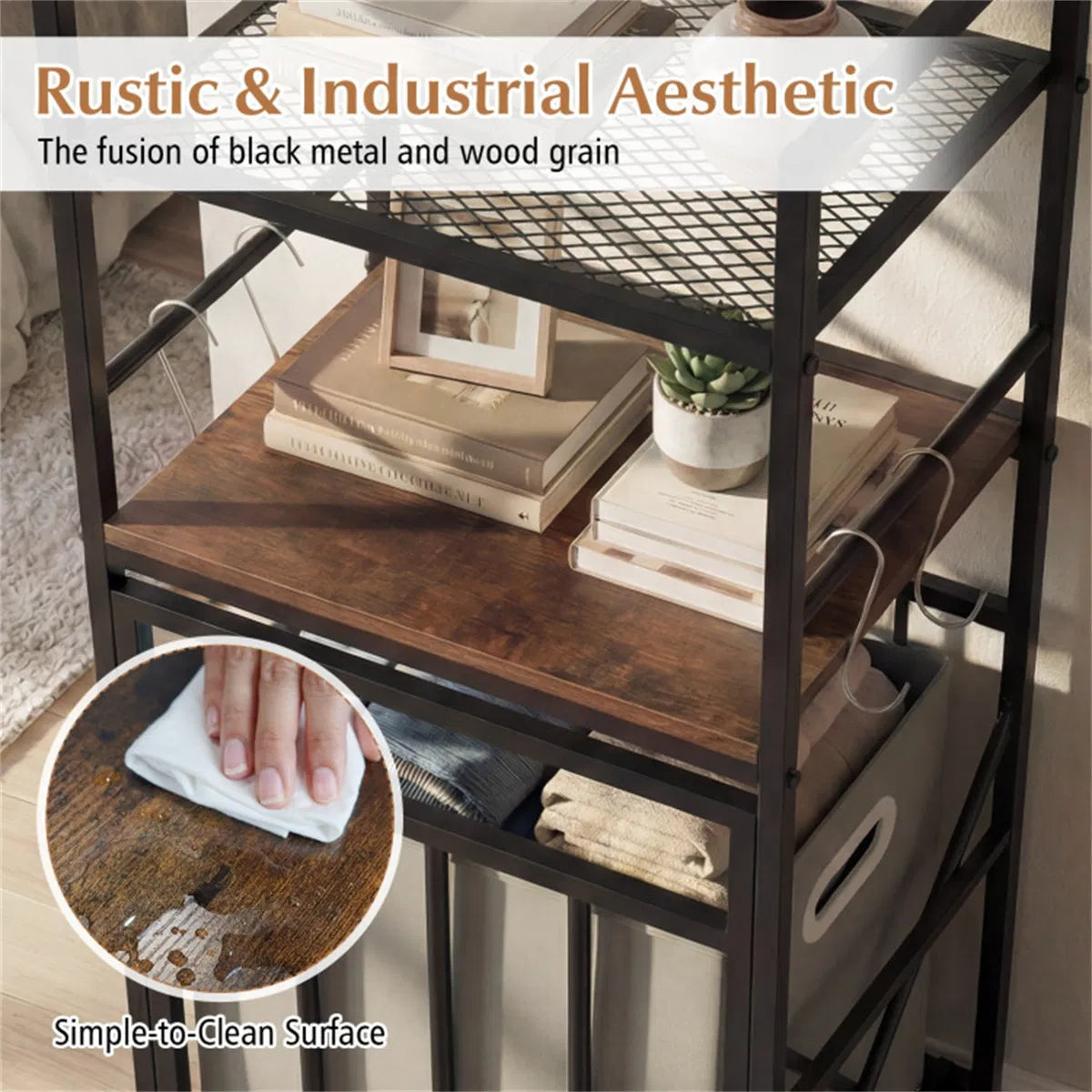 Metal mesh and wood-look shelf with wiping example