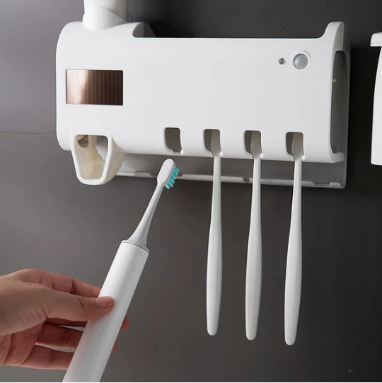 UV Sterilizer Toothbrush Holder and Toothpaste Dispenser for bathroom organization and vanity storage