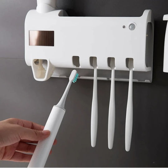 UV Sterilizer Toothbrush Holder and Toothpaste Dispenser view 2 for bathroom organization and vanity storage