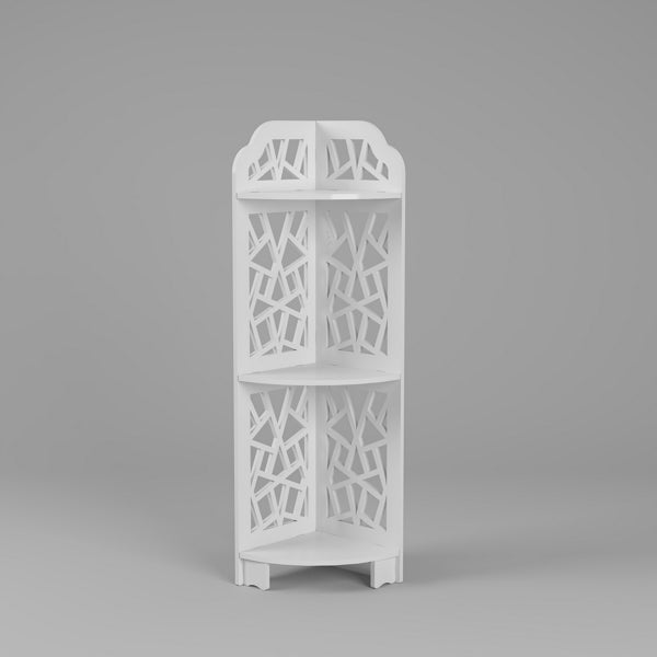 White three-tier corner shelf with cutout panels