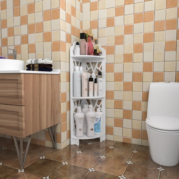 Corner shelf storing toiletries beside a vanity