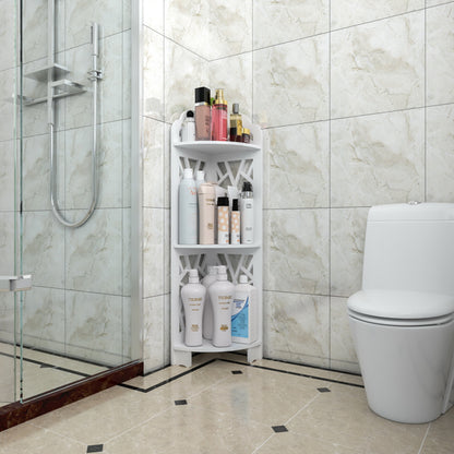 White corner unit beside a shower and toilet