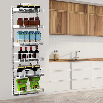 Adjustable basket organizer used on a pantry door