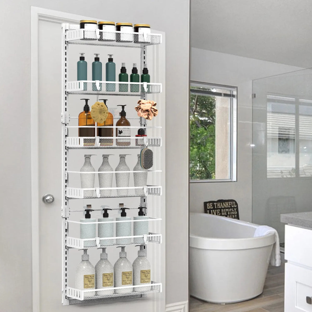 Over-door rack in a bathroom storage display