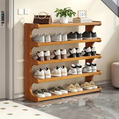 Five-level wood-grain rack holding footwear
