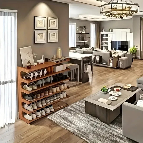 Wood-grain rack displayed in a living room