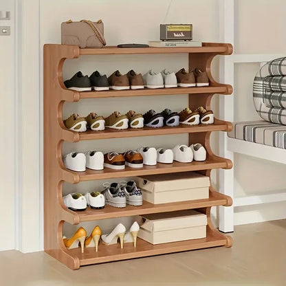 Six-level rack with shoes and storage boxes